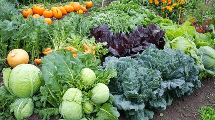 Abundant Autumn Harvest: A Vibrant Vegetable Garden Displaying a Bountiful Array of  Freshly Grown Produce, Including Pumpkins, Cabbages, and Kale