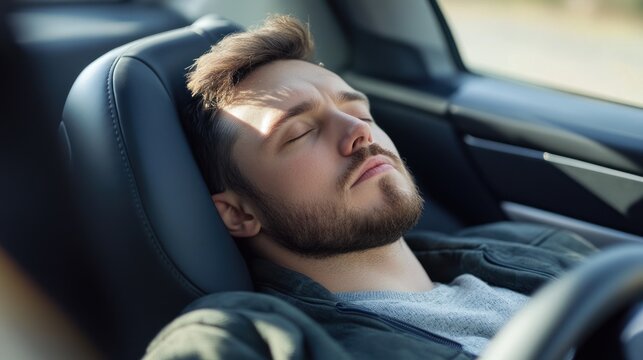 A man sleeping soundly while resting inside a vehicle seat