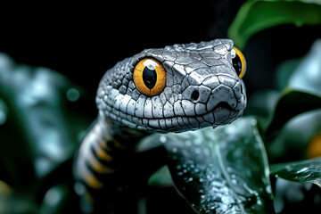 Fototapeta premium A striking snake with distinctive patterns and vivid golden eyes is nestled among lush green foliage. The scene captures the intricate textures and colors, showcasing nature's beauty.