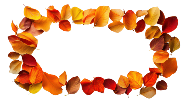 Oval frame of colorful autumn leaves on transparent background