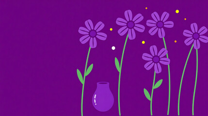 The image depicts a stylized illustration of several purple flowers with long stems against a dark purple background1