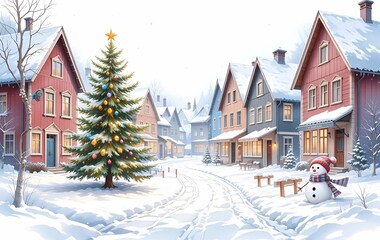 Fototapeta premium Winter Street View Background Image, Christmas Tree, Building, Banner Texture