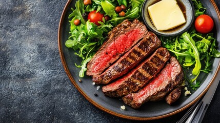 A rustic plate of medium-rare steak, sliced and served with a drizzle of butter.