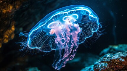 Mesmerizing jellyfish floating in an underwater cave illuminated by ethereal blue light high detail macro photography