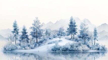 A winter landscape scene shows trees and mountains covered in snow