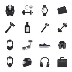 Obraz premium Men's Essentials: Fashion, Grooming, Tech & Fitness Accessories Vector Icons Collection. Style, Care, Technology, Sport & Travel Elements. 