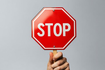 Hand Holding a Stop Sign Against a Gray Background