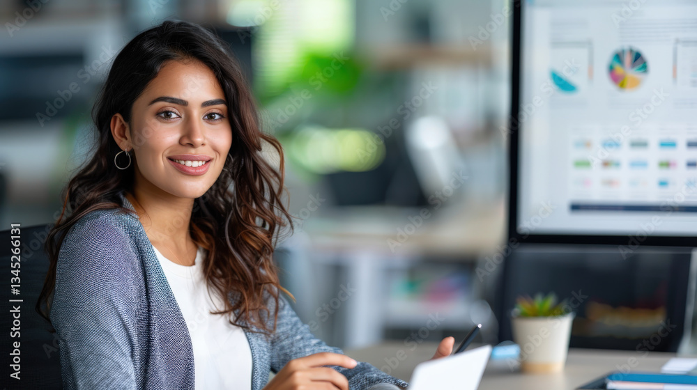 Poster confident female consultant is presenting in modern office setting, with computer screen displaying 