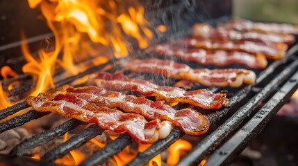 A side view of a barbecue grill with thick-cut bacon sizzling over flames.
