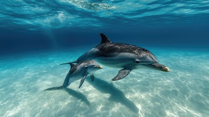 Fototapeta premium A baby dolphin swimming alongside its mother in clear blue water, creating a heartwarming scene with plenty of space for text.