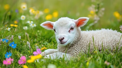 Naklejka premium A baby lamb lying in a grassy meadow, with colorful wildflowers scattered around and plenty of copy space.