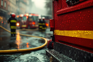 Emergency Vehicle With Red Exterior And Wet Ground During Rainy Firefighting Operation With Blurred Background During Nighttime Response Action. Wet Ground From Water Spray Of