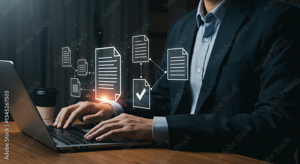Wall mural man in suit typing on laptop with document icons floating above keyboard on wooden table surface