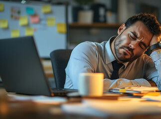 Obraz premium Overworked and Exhausted: Man Sleeping at Desk