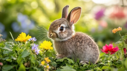 A baby rabbit nibbling on leaves in a meadow, with colorful flowers surrounding it and room for text.