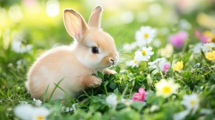 Obraz premium A baby rabbit nibbling on leaves in a meadow, with colorful flowers surrounding it and room for text.