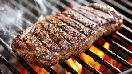 A thick, juicy steak cooking on a grill, with flames creating a smoky effect.