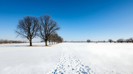 Obraz premium Winter Scene with Snow Covered Field Trees and Clear Blue Sky Daytime Lighting