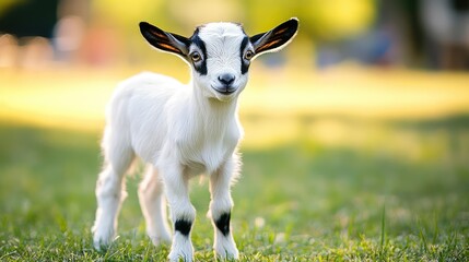 Obraz premium A cute baby goat standing on grass, with its large eyes and soft fur, in a field with plenty of room for text.