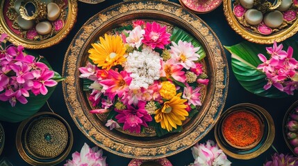 A top-down view of a beautifully arranged Songkran tray with flowers and offerings.