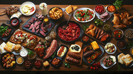 Assortment Of Diverse Foods On Wooden Table