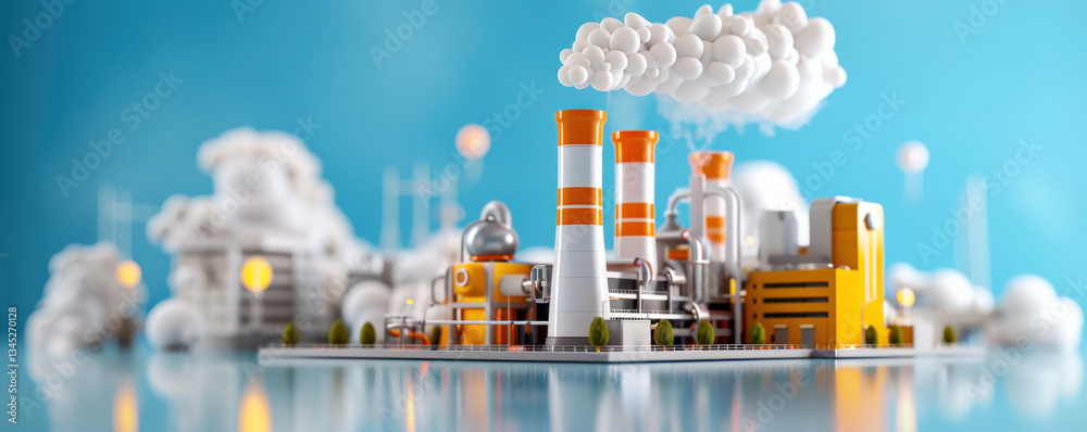 Poster miniature model of industrial power plant features smokeless stacks and smart grid system, set again