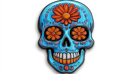 Colorful Sugar Skull with Floral Designs and Vibrant Details on White Background