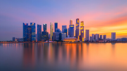 Fototapeta premium Panoramic City Skyline Reflected in Water During a Vibrant Sunset with Orange and Blue Hues