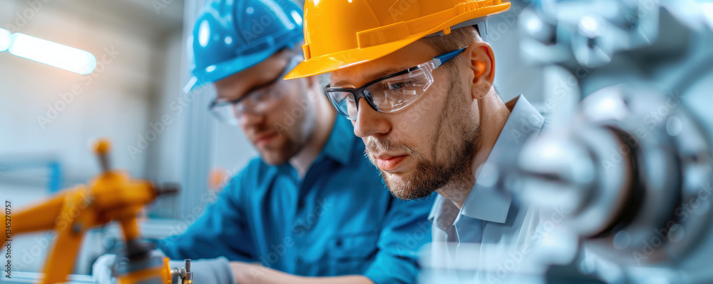 Poster two engineers wearing safety helmets and glasses focus intently on operating machinery in modern ind