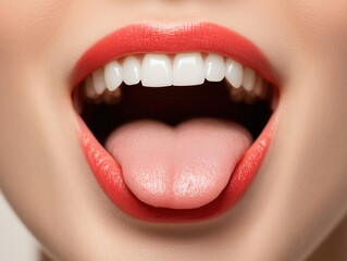 Naklejka premium Close-Up of a Smiling Mouth with Red Lips and Tongue Out – Beauty and Health Concept