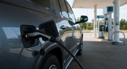 Electric Vehicle Charging at a Gas Station A Glimpse into the Future of Transportation