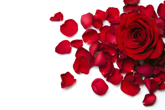 Close-up of a red rose surrounded by scattered petals on a white background.