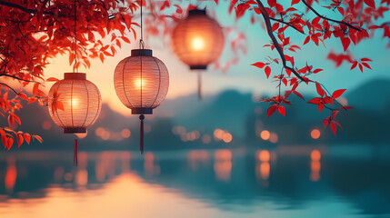 Lanterns of Serenity: A mesmerizing shot of traditional lanterns, illuminated with warm light, gracefully hanging from branches adorned with crimson foliage, and overlooking a serene lake.