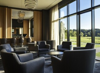 Fototapeta premium Modern lounge area with bar, glass walls, and golf course view