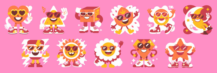 Collection of 10 cartoon characters representing various shapes and symbols, all wearing sunglasses and displaying different emotions and actions, set against a pink background.