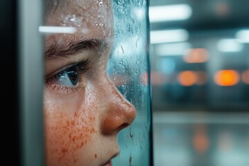 A child's face is framed by a misty window, gazing with curiosity as raindrops trickle down, evoking feelings of wonder, innocence, and introspective solitude.