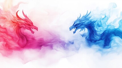 Obraz premium Dynamic Clash of Colorful Dragons in Ethereal Smoke Swirls