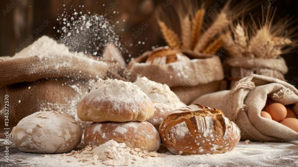 Aufkleber explore the art of bread making with flour sacks, dough, and fresh ingredients in a rustic kitchen s