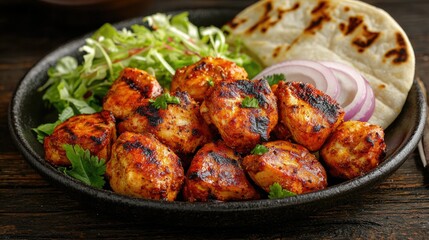 Delicious chicken tikka served with fresh salad and naan bread on a dark plate, a tempting Indian cuisine meal.