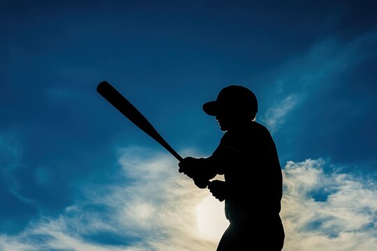 Silhouette of a baseball player against a dramatic sky.