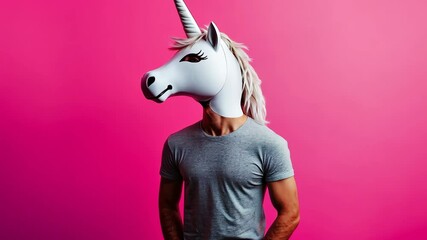 Cheerful man in a unicorn mask striking a playful pose against a bright pink background, fun and surreal concept with vibrant colors