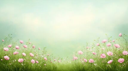 Fototapeta premium Breathtaking landscape, a field of pink flowers under vast sky