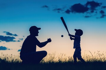 Silhouette of a father and son playing baseball at sunset.