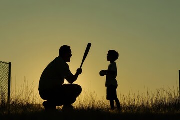 Silhouette of father and son playing baseball at sunset.