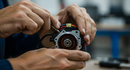 Precision Engineering Close-up of Skilled Hands Repairing an Electric Motor