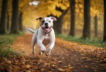 american bulldog running outdoors in the countryside, autumnal day,  happy dog playing on meadown fall, in the park, doggy in the nature