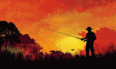 Silhouette of a man fishing at sunset against a vibrant sky.