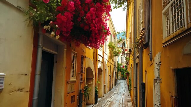 Charming narrow streets lined with colorful buildings and flowers