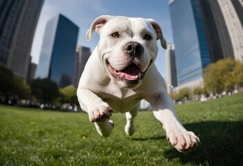 american bulldog running in the city park, surrounded by modern skyscrapers, happy dog playing on a  green meadwon in a beautiful spring sunny day, doggy in the nature
