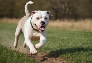american bulldog running on a  green meadown, happy dog playing on the raw nature, in a beautiful summer day, doggy in the natural ambient